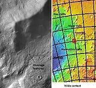 Drainage features in Reull Vallis, as seen by THEMIS.  Click on image to see relationship of Reull Vallis to other features.