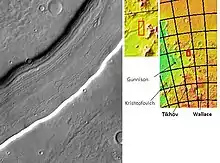 Lineated floor deposits in Reull Vallis, seen by THEMIS. Click on image to see relationship to other features.  Image located in Hellas quadrangle.