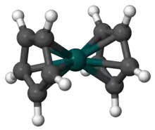 Skeletal structure of the staggered conformation of rhodocene