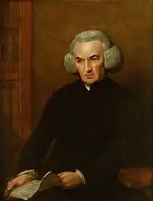 Quarter-length portrait of a man wearing minister's clothes and a wig.