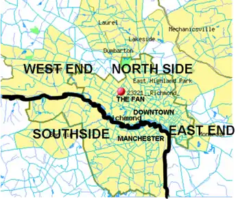 Richmond is often subdivided into North Side, Southside, East End and West End.