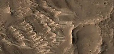 Ridges, some with pyramid shapes.  These may be due to sand piling up against ridges.