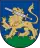 A coat of arms depicting a golden lion holding a silver-bladed sword in its mouth with a golden hilt and standing on green turf all on a blue background