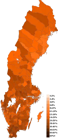 2018: The party's share of the vote by municipality (darker shades indicate a higher percentage of votes)