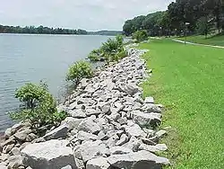 Riprap lining a lake shore