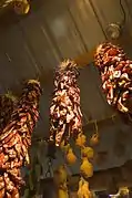 Chili peppers drying in hanging ristras