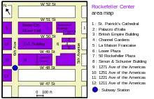 Diagram of Rockefeller Center. The subway entrance at Sixth Avenue and 48th Street is marked by a blue dot.