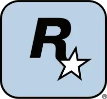 A capital "R" in black has a five-pointed, white star with a black outline appended to its lower-right end. They lay on a light-blue square with a black outline and rounded corners.