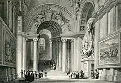 The base of Scala Regia, viewed from the Portone di Bronzo. To the right is the equestrian statue of Constantine the Great; straight ahead is the coat of arms of Pope Alexander VII.