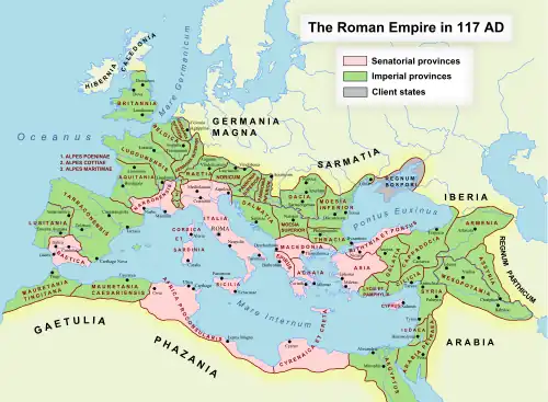 The Roman Empire at its greatest extent, at the death of Trajan (117 AD)