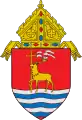 The arms of the Archdiocese of Hartford: The arms feature a hart, a male deer, in the midst of flowing water, i.e., fording a body of water, referencing the name of the see, Hartford, Connecticut.