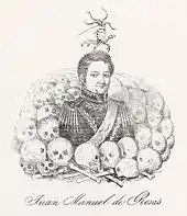 Engraving depicting a man wearing an ornate military uniform waist-deep in a pile of human skulls and bones with a disembodied hand holding snakes above his head