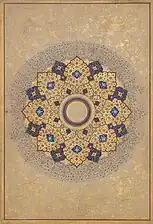 "Rosette bearing the names and titles of shah Jahan", folio from the shah Jahan album, c. 1645, in the Metropolitan Museum of Art