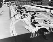 Cars and trucks stuck in snow on Route 128 near Needham, Massachusetts