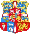 The coat of arms of Denmark from 1819 to 1903. Iceland is presented by the silver stockfish in the lower left corner. Prior to this Iceland, as was the case with Greenland and the Faroe Islands, was represented by the coat of arms of Norway, as they all were part of the Norwegian realm of the Denmark–Norway.