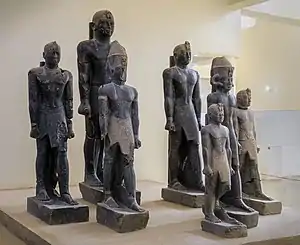 Statues of various rulers of the late 25th Dynasty–early Napatan period. From left to right: Tantamani, Taharqa (rear), Senkamanisken, again Tantamani (rear), Aspelta, Anlamani, again Senkamanisken; Kerma Museum. of Twenty-fifth Dynasty of Egypt