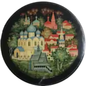 Lacquered box with a Kholuy miniature, depicting the town of Suzdal