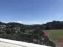 Landscape of a track and field to the right and houses to the left.