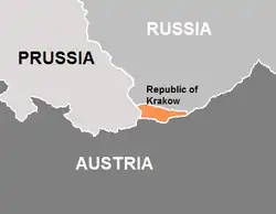 Territory of the Free City of Cracow (orange) and its three neighbours (Kingdom of Prussia, Austrian Empire and Russian Empire)