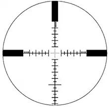 The P4 stadiametric rangefinding reticle as used in the Schmidt & Bender 5-25x56 PM II LP at 25x zoom.