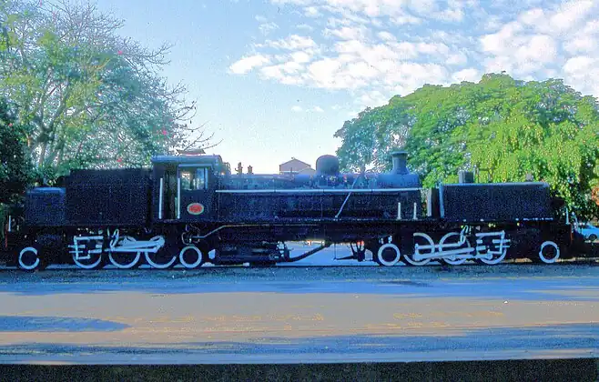 No. 2621, plinthed at Nelspruit, April 1991. Later this locomotive was removed from the plinth and stored at Waterval - Boven. In 2016, it was moved to Creighton to be restored to operating condition by the Paton's Country Railway.