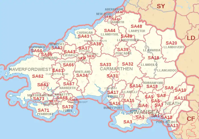 SA postcode area map, showing postcode districts, post towns and neighbouring postcode areas.