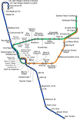 Routemap of San Diego Trolley, reflecting the Blue Line extension to University Towne Center (UTC).