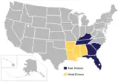 A map of the SEC as it existed between 1991 and 2011, with East (blue) and West (yellow) divisions