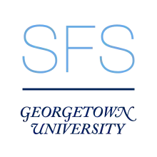 The capital letters SFS in a sans-serif font in a sky blue color above a navy dividing bar, below which has Georgetown University spelled in all capitals, a swash serif font, and navy color.