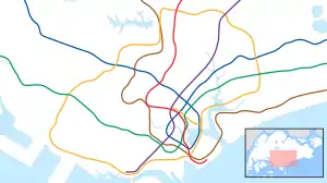 A map of the Singapore rail system, with a color for each line and a red dot highlighting the location of Toa Payoh station