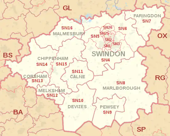 SN postcode area map, showing postcode districts, post towns and neighbouring postcode areas.