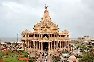 Somnath Temple with Veraval Beach in the background.