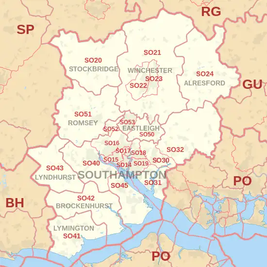 SO postcode area map, showing postcode districts, post towns and neighbouring postcode areas.