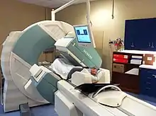 A patient undergoing a SPECT bone scan.