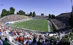 A view of Spartan Stadium during a football game from the stands