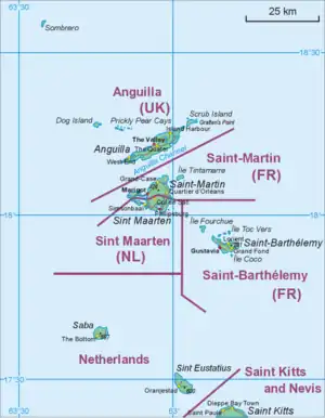 Map showing the location of St. Eustatius relative to Saba and St. Martin