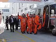 STS-100 Crew as they prepare to ride over to the shuttle just hours before the launch