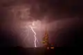 Endeavour sitting on Launch Pad 39A as a storm passes over on 28 April 2011