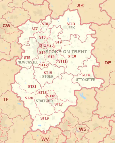 ST postcode area map, showing postcode districts, post towns and neighbouring postcode areas.