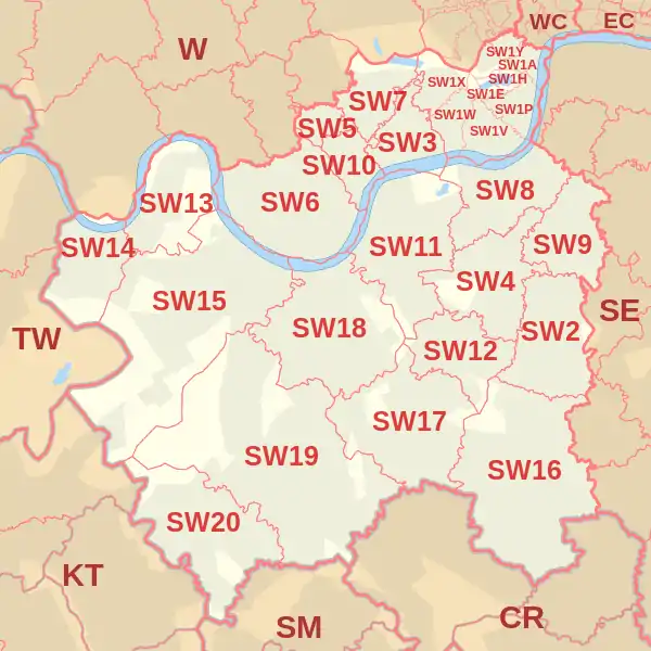 SW postcode area map, showing postcode districts, post towns and neighbouring postcode areas.