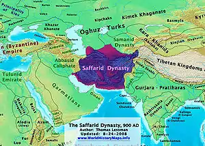 The Saffarid dynasty and its neighbors at its peak in 900 CE