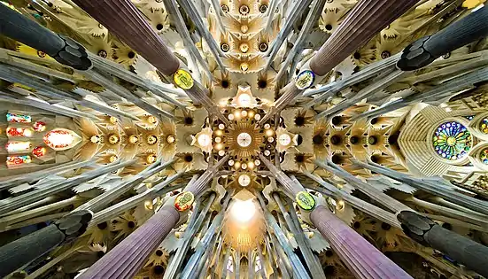 Detail of the ceiling in the nave. Gaudí designed the columns to resemble trees and branches.