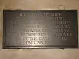 Plaque in Cathedral. The text in English: "Here rests the skull of Jacques Cartier, born at Saint-Malo, the discoverer of Canada, who passed away in 1557. His grave was recovered in this cathedral in the year 1949."