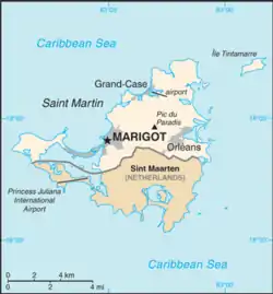 Saint Martin is located on the northern half ofthe island of Saint Martin.