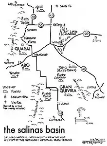 A map of the 17th-century pueblos in the Salinas area including the three surviving ruins in the National Monument: Quarai, Abo, and Gran Quivira