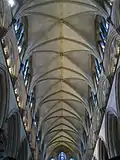 A rectangular four-part vault over a single bay in Salisbury Cathedral (1220–1258)