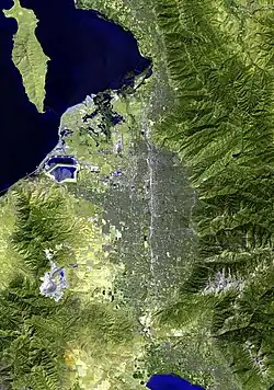 A satellite image of the Salt Lake City area showing the Transverse Mountains