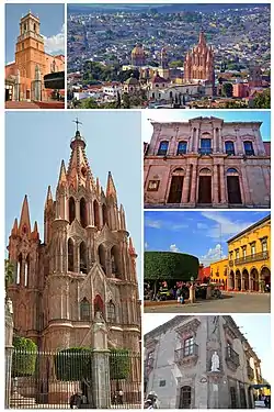 From top to bottom:Left: - Inmaculada Concepcion Temple- La Parroquia de San Miguel Arcángel Right: - La Parroquia and downtown San Miguel de Allende- Angela Peralta Theater- Jardín Allende - San Miguel de Allende Historic Museum