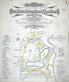 Map of the 1895 Cotton States Fair, showing exhibit halls encircling a large lake