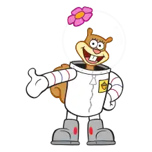 A light brown smiling cartoon squirrel wears a white diving suit with a pink flower on her clear helmet.